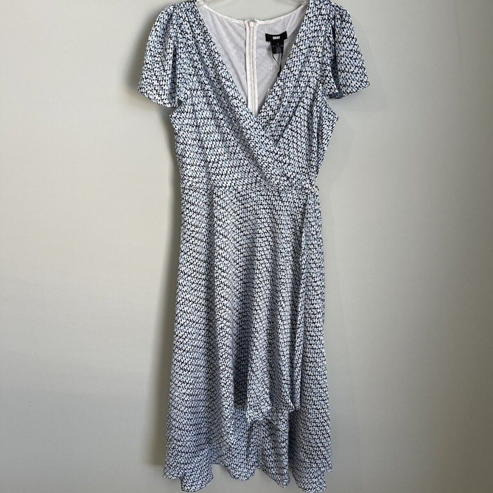 New DKNY Blue Flutter Sleeve Surplice Midi Dress